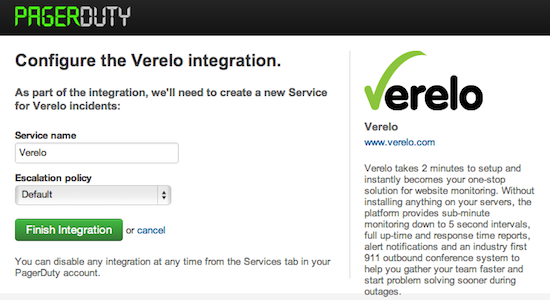 PagerDuty create verelo service screen