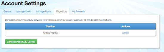 Verelo account settings with PagerDuty screen