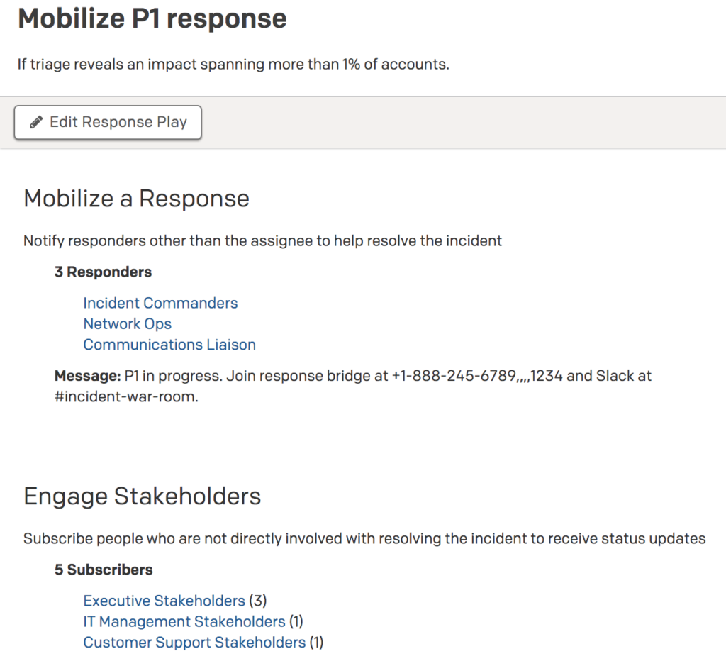 Response play entitled "Mobilize P1 response" will simultaneously notify 3 responders with a custom message and subscribe 5 stakeholders to the incident