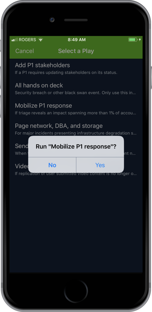  PagerDuty mobile app showing a response play selected from a list and being run