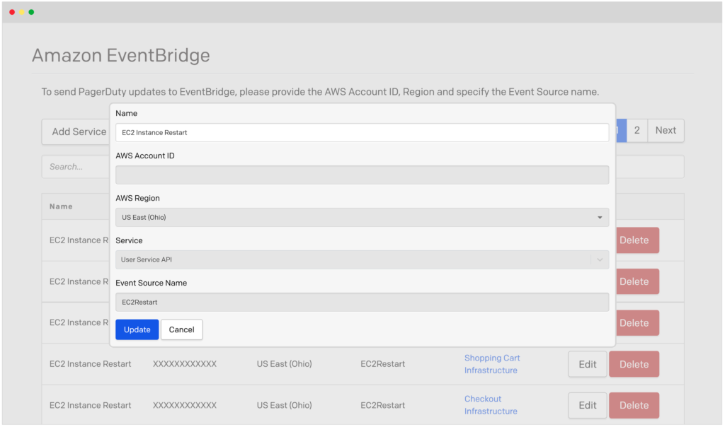 Screenshot of EventBridge integration add service function