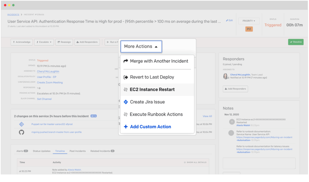 Screenshot of EventBridge integration custom action EC2 instance restart