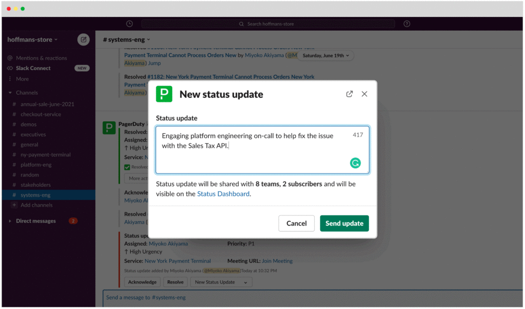 Pictured above: PagerDuty Slack Integration (Stakeholder Updates)