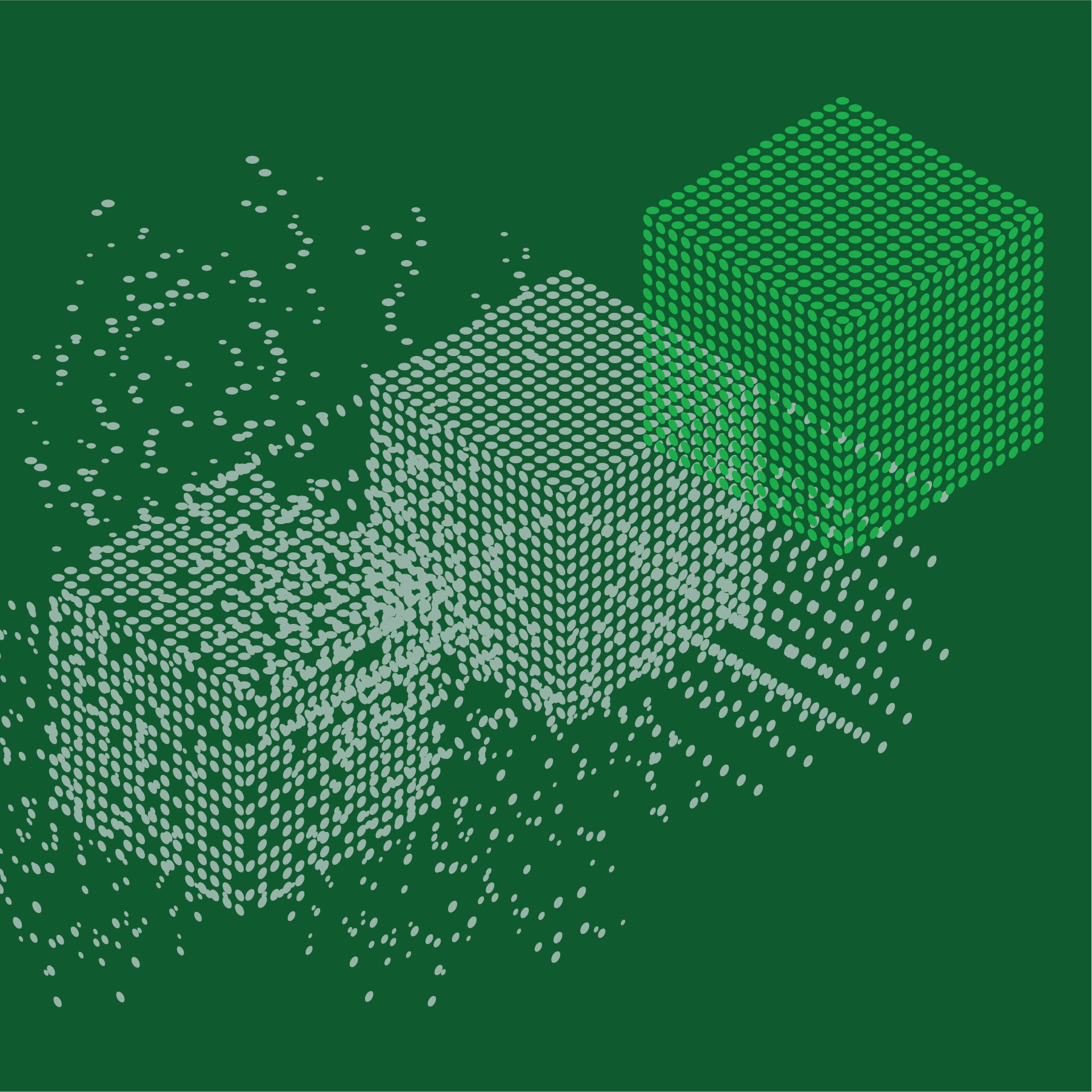 Green background with three digitized cubes, data and code