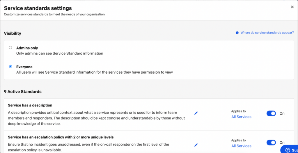 Screenshot of Service Standards settings
