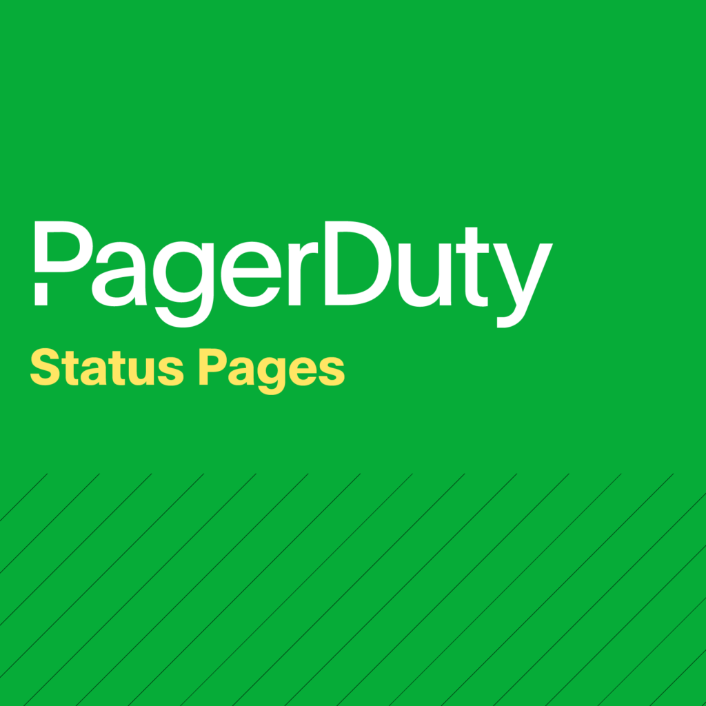 PagerDuty logo in white on green square background with yellow text that reads, "Status Pages" below logo