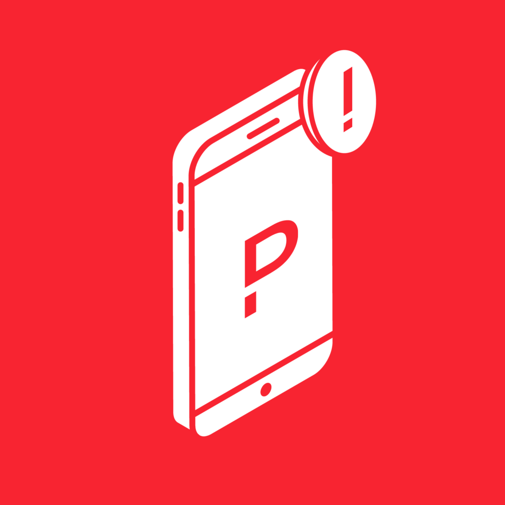 Red square with white illustration of mobile device displaying PagerDuty logo and 