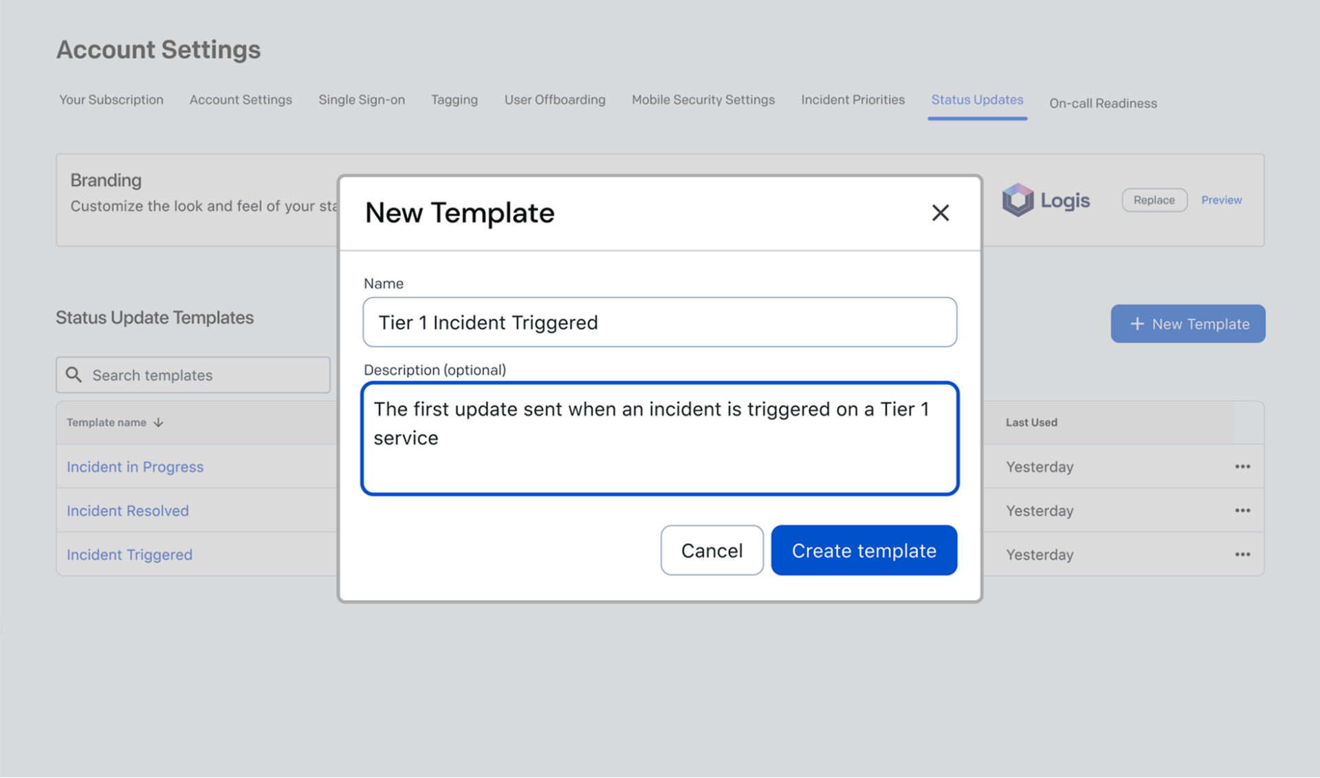 Status update notifications setting up template screenshot: creating new template details