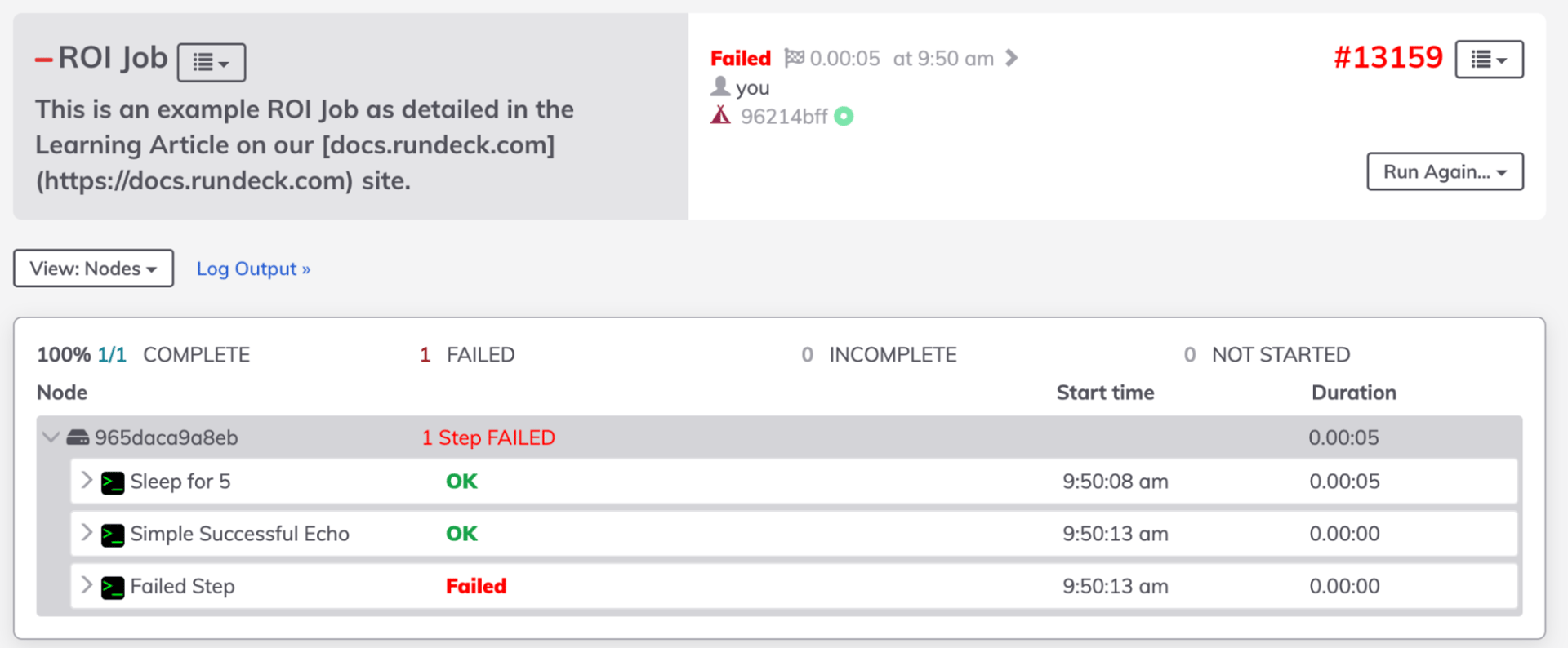 Screenshot of PagerDuty Process Automation showing detailed status information of an automation run, including 2 completed steps, 1 failed step, and overall failed status.