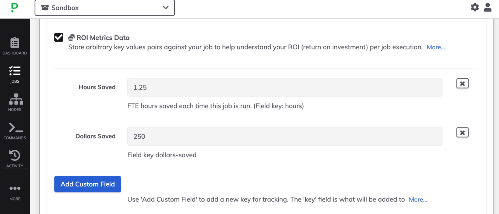 Screenshot from PagerDuty Process Automation showing how to enter key-value pairs for ROI Metrics Data.