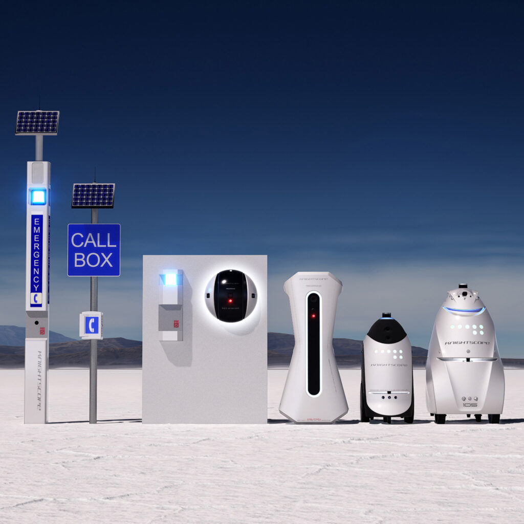 Image of robots and call boxes in a line on a desert-type terrain