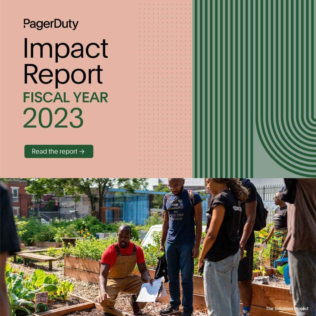 Square image with "PagerDuty Impact Report" text in black, "Fiscal Year 2023" and "Read the report" text in green, on peach-colored and green background with image of people working in garden.