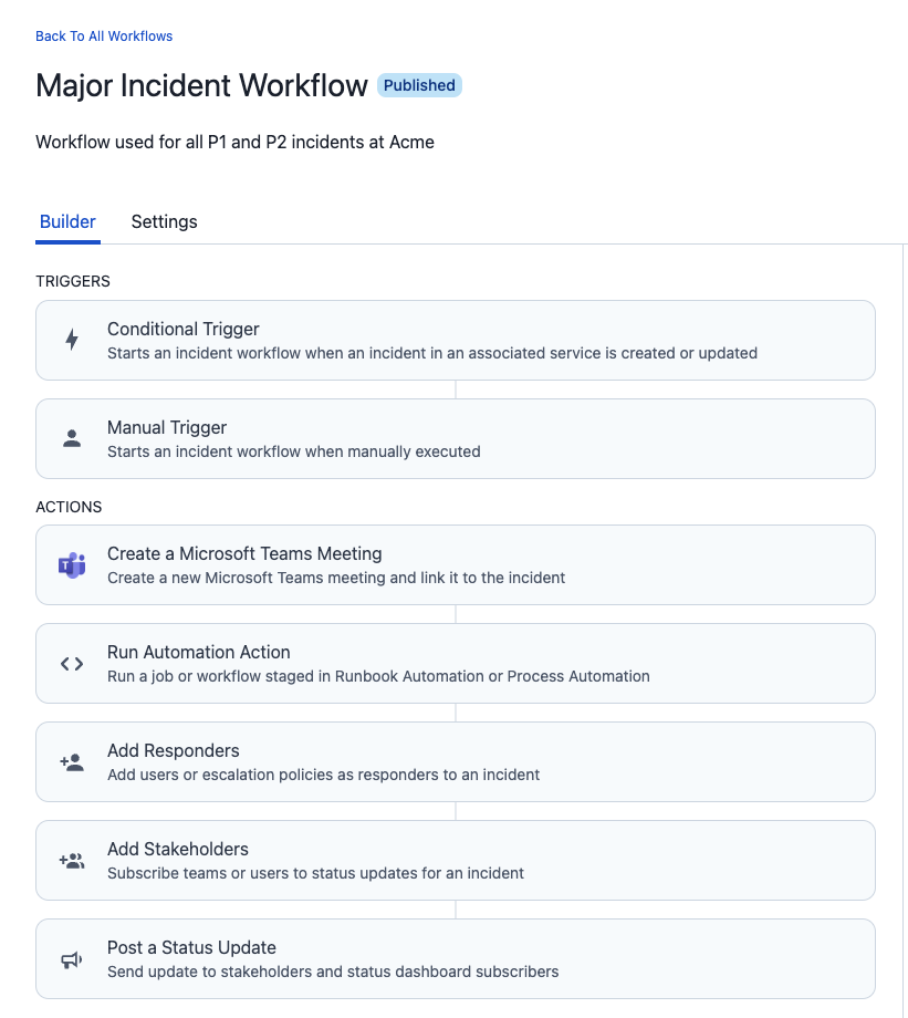 Incident Workflow builder, now with new workflow actions including Create MS Teams meeting and Run Automation Actions