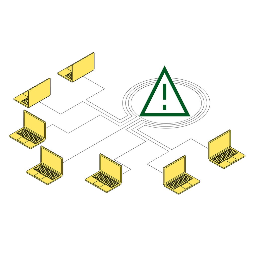 Blog tile with yellow laptops surrounding a green triangle with "!" in the center.