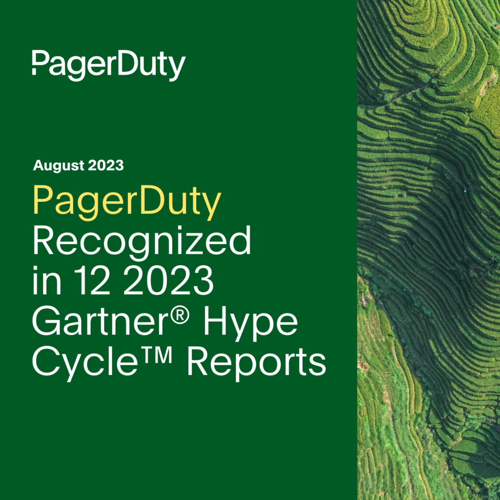 Static image of green background with text reading, "PagerDuty recognized in 12 2023 Gartner Hype Cycle reports"