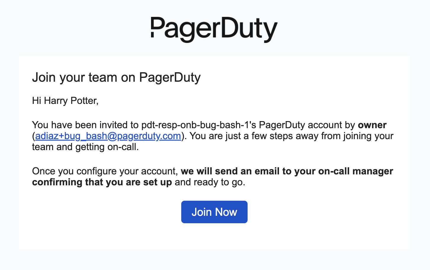 Screenshot of the welcome email to new users, prompting them to join PagerDuty.