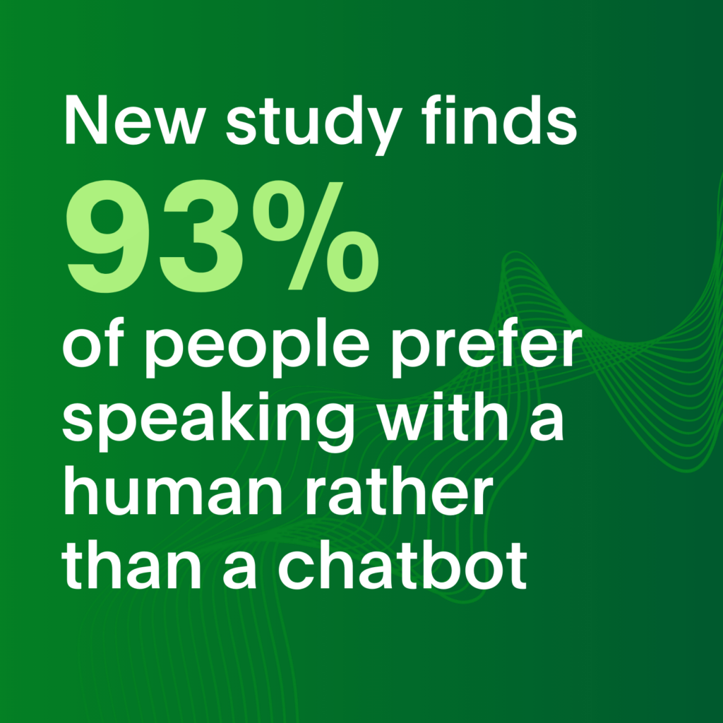 "New study finds 93% of people prefer speaking with a human rather than a chatbot" text on green background.
