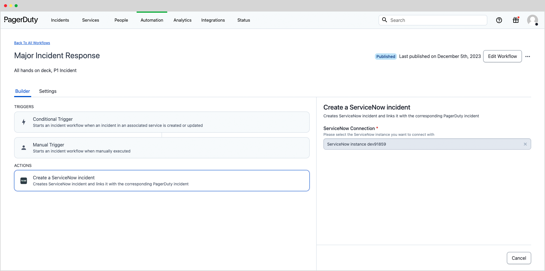 Screenshot of how to create a ServiceNow Incident as a Workflow Action