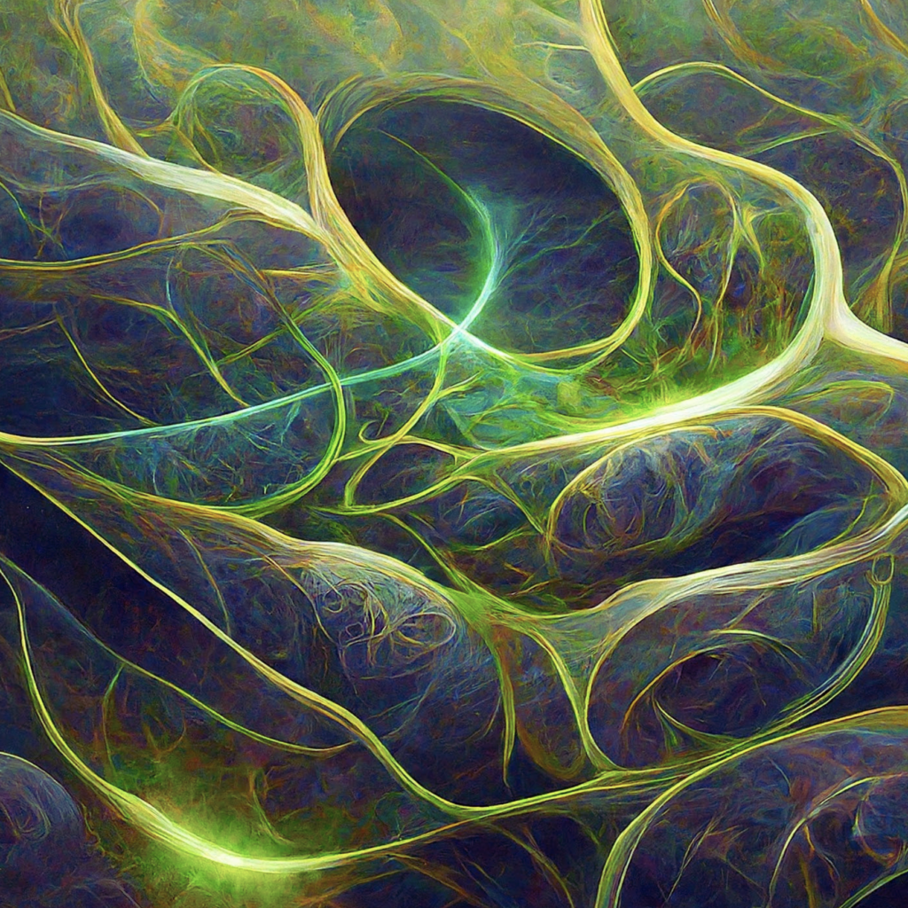 Abstract visualization of green lines and curves representing brain waves, interconnected with organic shapes and glowing networks. Symbolizes psychological safety in the tech space.