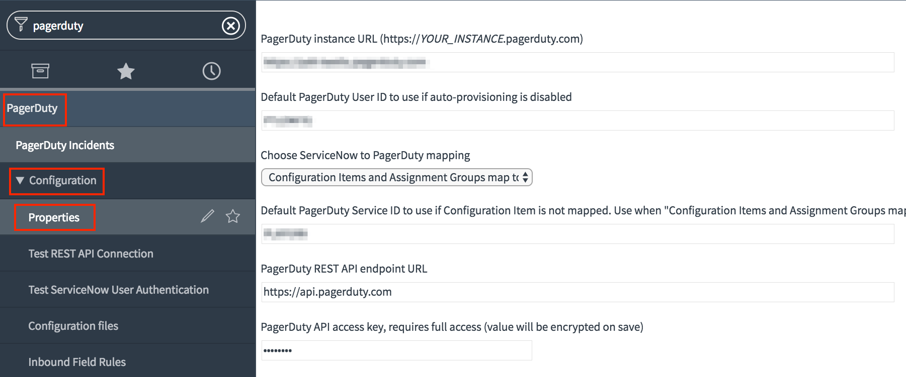 the PagerDuty ServiceNow integration app configuration properties page