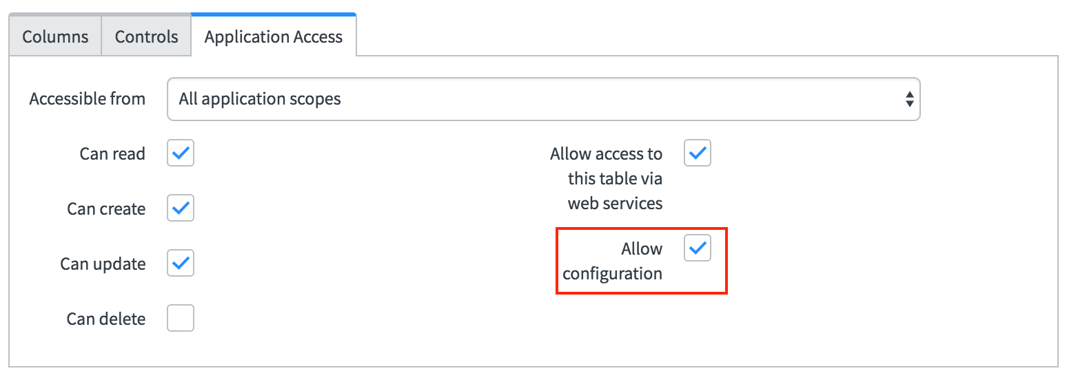 application access page for the user table configuration