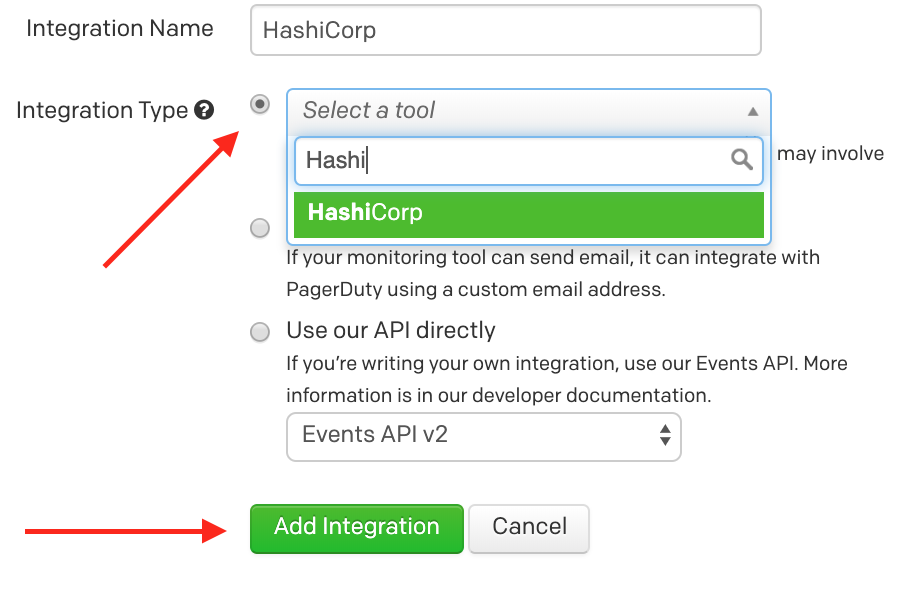 Screenshot of adding HashiCorp Integration to Service